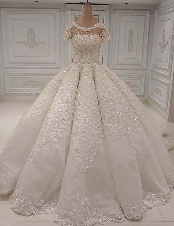 Elegant Shortsleeves Jewel A-line Wedding Dresses White Tulle Ruffles Bridal Gowns With Appliques Online