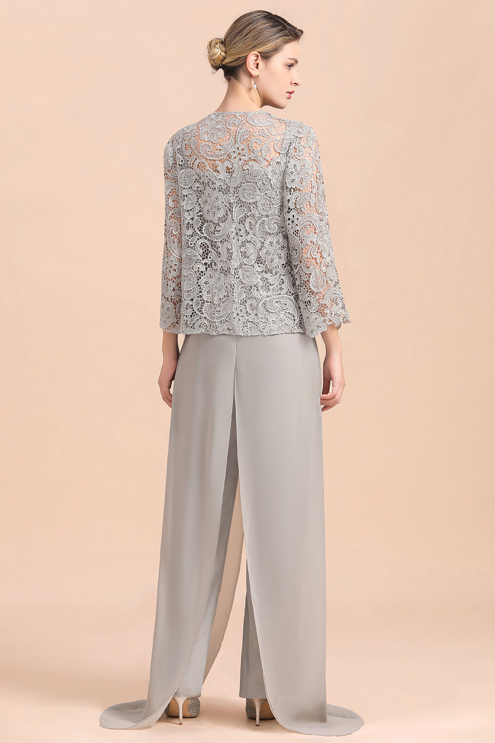 Elegant Silver Lace Top Chiffon Mother of Bride Jumpsuit Online with Wrap