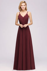 Elegant Spaghetti Straps Long Bridesmaid Dress Lace V-Neck Maid of Honor Dress