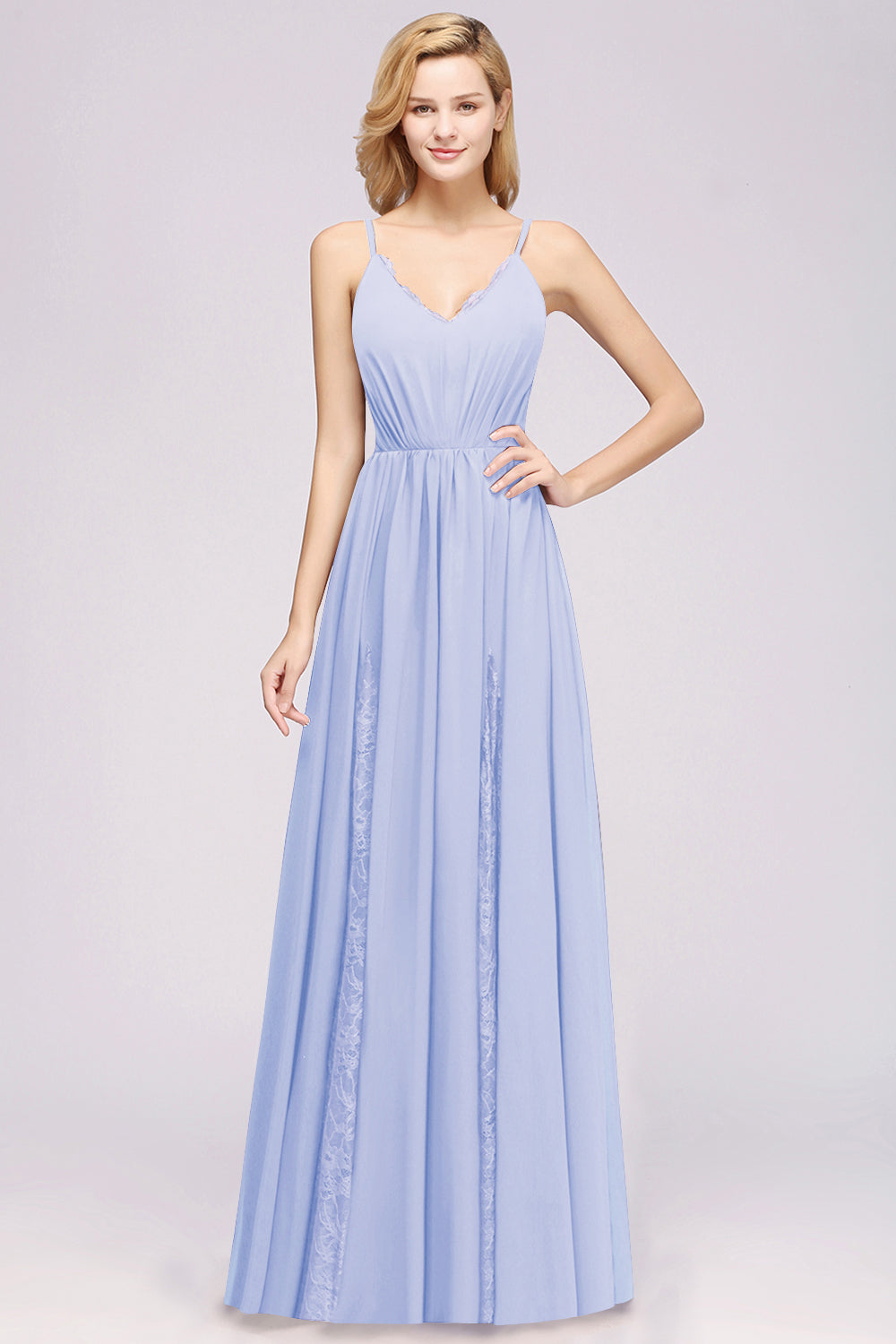 Elegant Spaghetti Straps Long Bridesmaid Dress Lace V-Neck Maid of Honor Dress