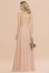 Elegant Spaghetti Straps Pink Backless Bridesmaid Dresses with Beadings