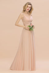 Elegant Spaghetti Straps Pink Backless Bridesmaid Dresses with Beadings