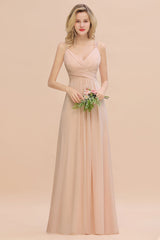 Elegant Spaghetti Straps Pink Backless Bridesmaid Dresses with Beadings