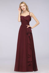 Elegant Spaghetti Straps Ruffle Burgundy Chiffon Dresses Affordable