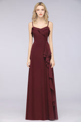 Elegant Spaghetti Straps Ruffle Burgundy Chiffon Dresses Affordable