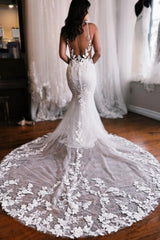 Elegant Spaghetti Straps Sleeveless Mermaid Lace Wedding Dress with Delicate Details