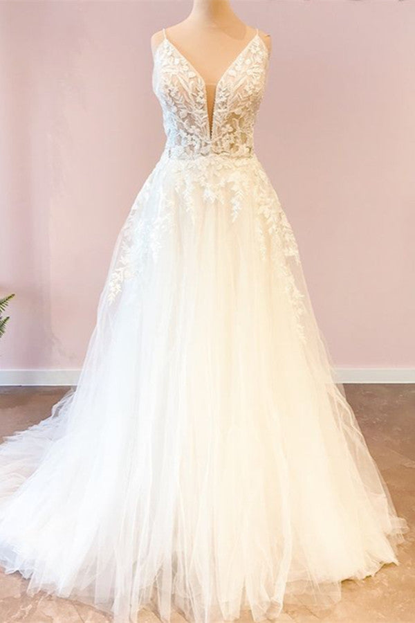 Elegant Spaghetti-Straps Sleeveless Tulle Lace Wedding Dress Online