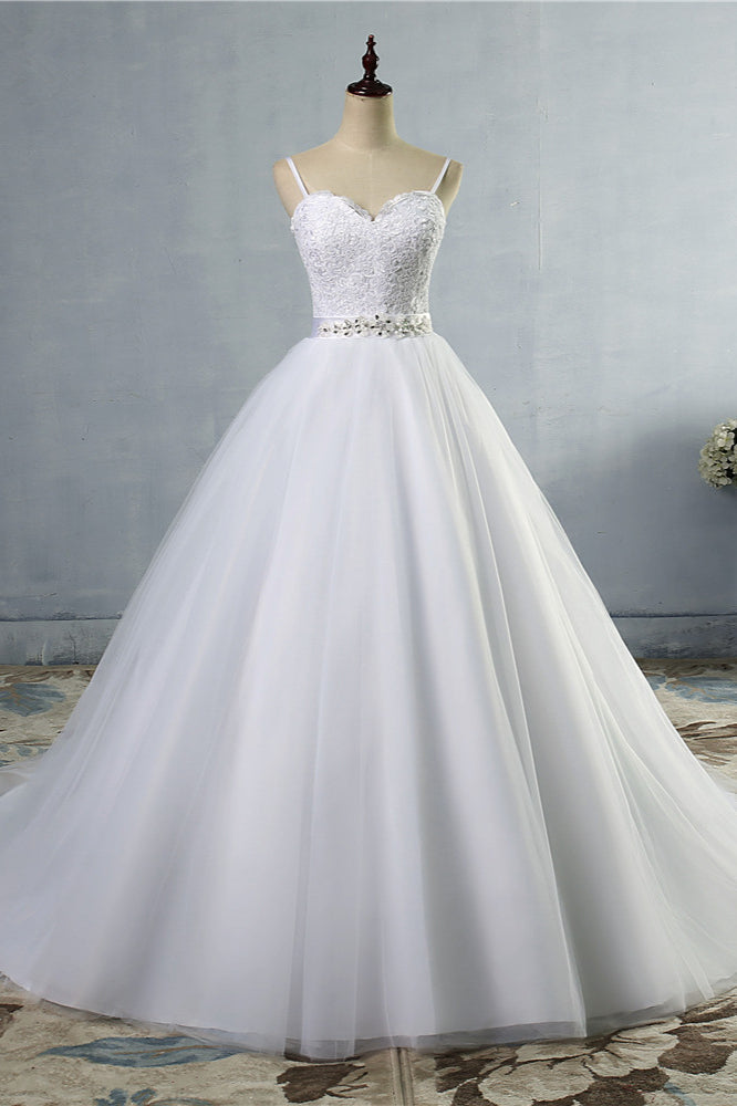 Elegant Spaghetti Straps Sweetheart Wedding Dress White Tulle Appliques Bridal Gowns with Beadings Sash