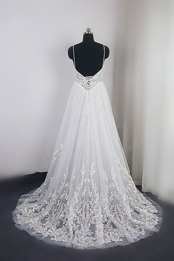 Elegant Spaghetti Straps Tulle Lace Wedding Dress V-Neck Appliques See Through Top Bridal Gowns