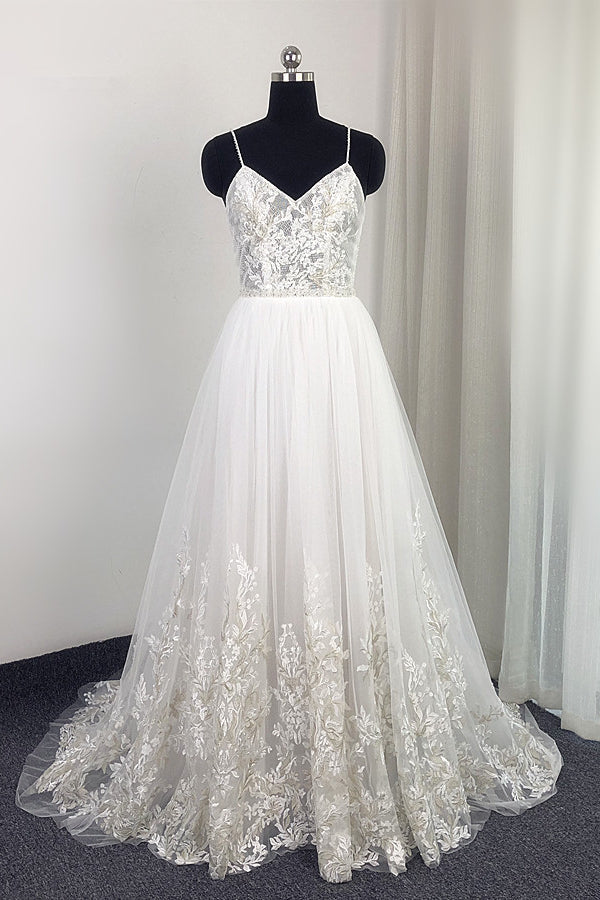 Elegant Spaghetti Straps Tulle Lace Wedding Dress V-Neck Appliques See Through Top Bridal Gowns