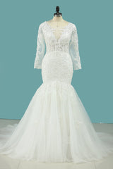 Elegant Square Tulle Lace Wedding Dress Mermaid Long Sleeves Appliques Bridal Gowns On Sale