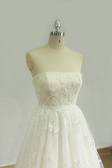 Elegant Strapless Lace Tulle Wedding Dress Appliques White A-line Bridal Gowns On Sale