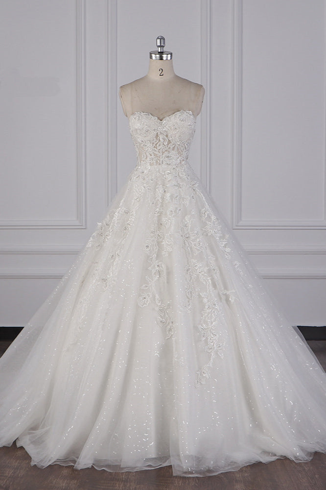 Elegant Strapless Tulle Lace Wedding Dress Sweetheart Appliques Sequined Bridal Gowns On Sale