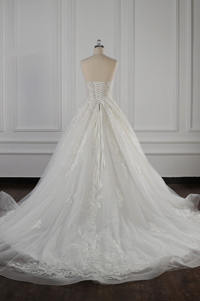 Elegant Strapless White Lace Wedding Dress Sleeveless Appliques Ruffle Bridal Gowns Online