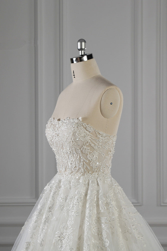 Elegant Strapless White Lace Wedding Dress Sleeveless Appliques Ruffle Bridal Gowns Online