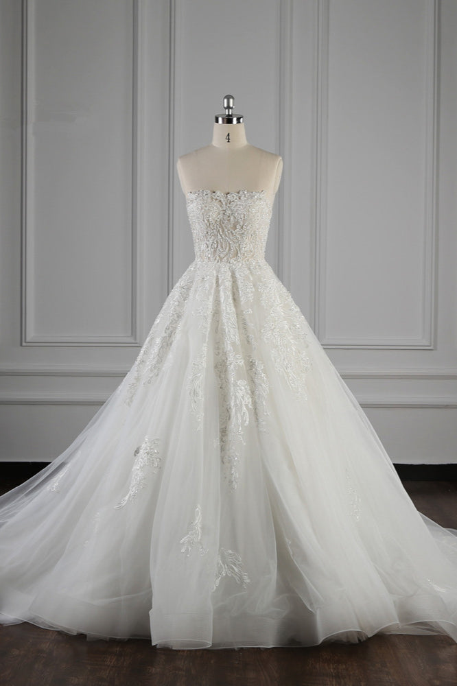 Elegant Strapless White Lace Wedding Dress Sleeveless Appliques Ruffle Bridal Gowns Online