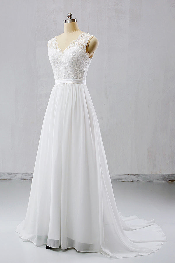 Elegant Straps Sleeveless Chiffon Wedding Dresses White A-line Bridal Gowns Online