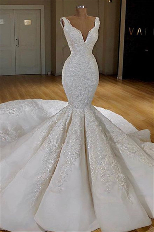 Elegant Straps Sleeveless White Wedding Dresses Mermaid Satin Bridal Gowns With Appliques Online