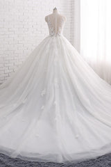 Elegant Straps Sleeveless White Wedding Dresses With Appliques A line Tulle Bridal Gowns On Sale