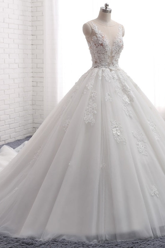 Elegant Straps Sleeveless White Wedding Dresses With Appliques A line Tulle Bridal Gowns On Sale