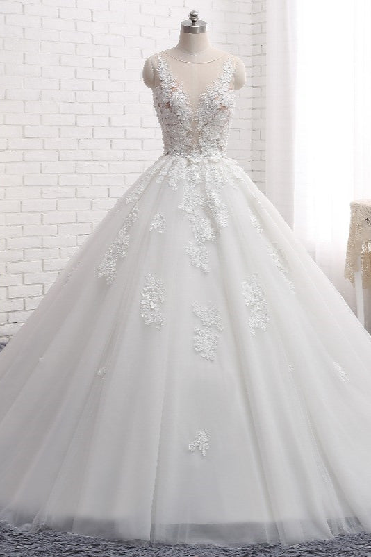 Elegant Straps Sleeveless White Wedding Dresses With Appliques A line Tulle Bridal Gowns On Sale