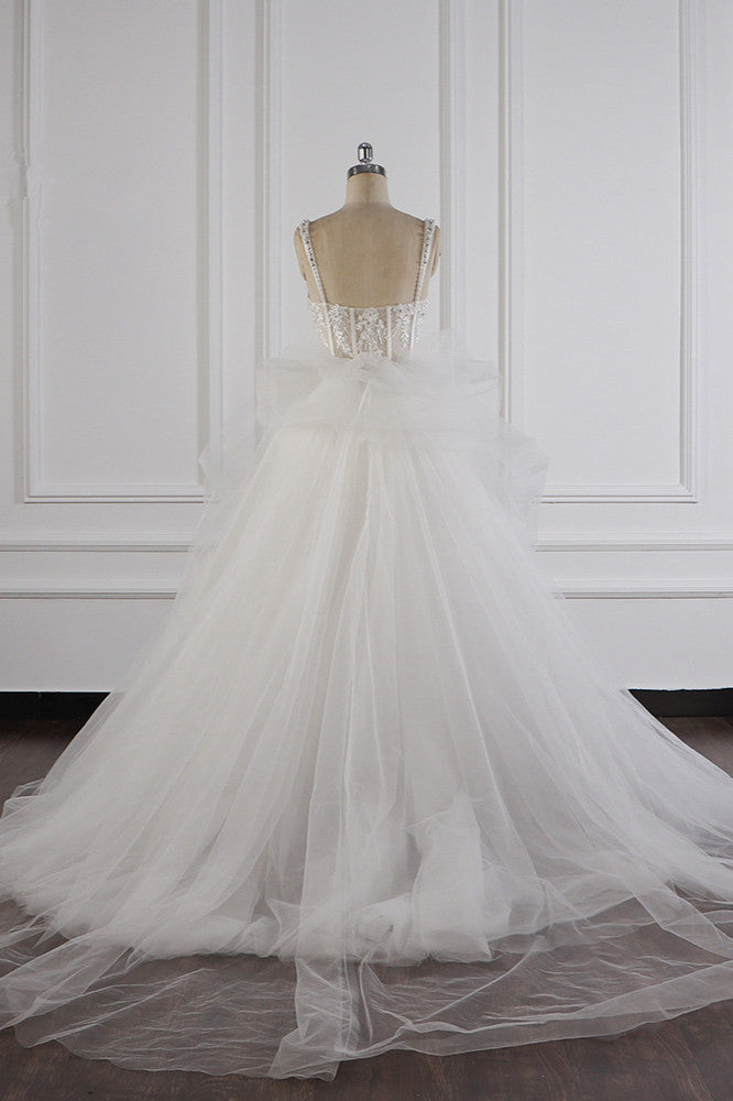 Elegant Straps Tulle Lace Wedding Dress Sweetheart Appliques Beadings Bridal Gowns with Ruffles On Sale