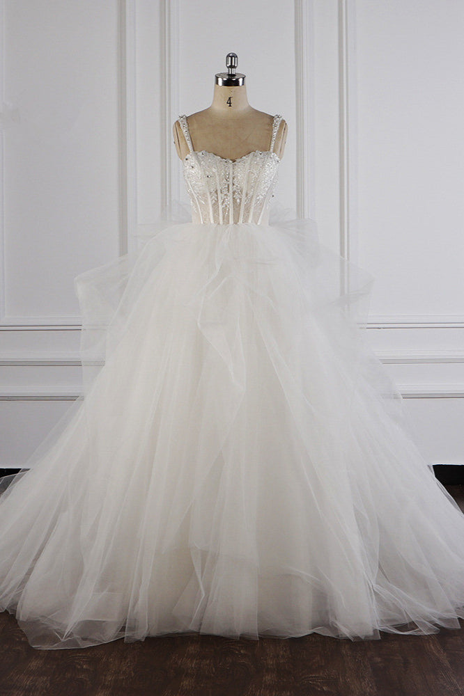 Elegant Straps Tulle Lace Wedding Dress Sweetheart Appliques Beadings Bridal Gowns with Ruffles On Sale