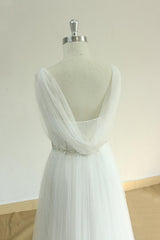 Elegant Straps Tulle White Wedding Dress A-line Ruffles Sleeveless Bridal Gowns On Sale