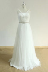 Elegant Straps Tulle White Wedding Dress A-line Ruffles Sleeveless Bridal Gowns On Sale