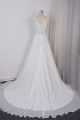 Elegant Straps V-neck Chiffon White Wedding Dress Sleeveless Lace Appliques Ruffle Bridal Gowns On Sale