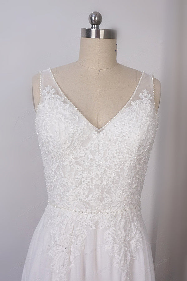 Elegant Straps V-neck Chiffon White Wedding Dress Sleeveless Lace Appliques Ruffle Bridal Gowns On Sale