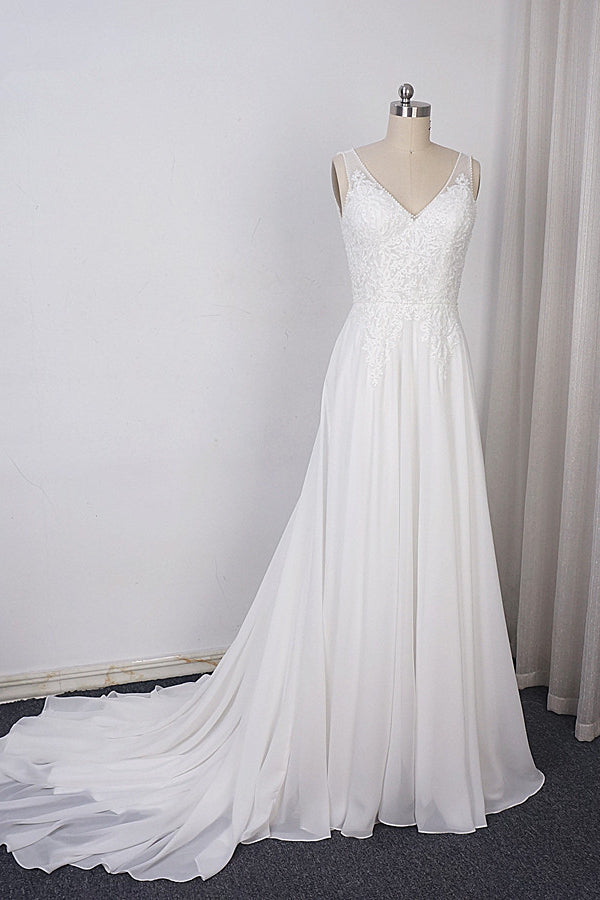 Elegant Straps V-neck Chiffon White Wedding Dress Sleeveless Lace Appliques Ruffle Bridal Gowns On Sale