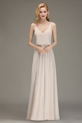 Elegant Straps V-Neck Long Affordable Bridesmaid Dresses with Ruffle