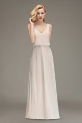 Elegant Straps V-Neck Long Affordable Bridesmaid Dresses with Ruffle