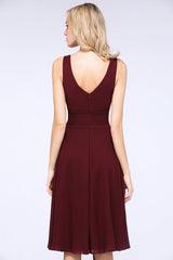 Elegant Straps V-Neck  Ruffle Short Burgundy Bridesmaid Dress with Bow Sash