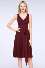 Elegant Straps V-Neck  Ruffle Short Burgundy Bridesmaid Dress with Bow Sash