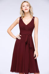 Elegant Straps V-Neck  Ruffle Short Burgundy Bridesmaid Dress with Bow Sash