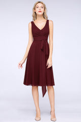 Elegant Straps V-Neck  Ruffle Short Burgundy Bridesmaid Dress with Bow Sash