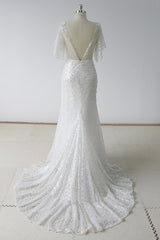 Elegant Stunning Sequins White Tulle Wedding Dress Sweep Train Mermaid Short Sleeve Bridal Gowns On Sale