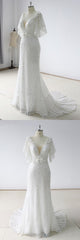 Elegant Stunning Sequins White Tulle Wedding Dress Sweep Train Mermaid Short Sleeve Bridal Gowns On Sale