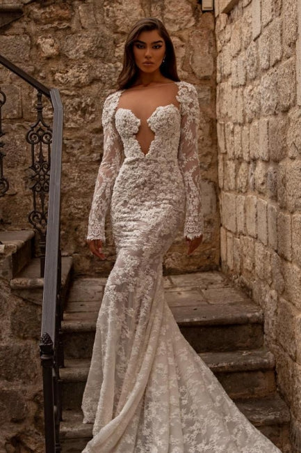 Elegant Sweetheart Long Sleeves Mermaid Lace Bridal Gown