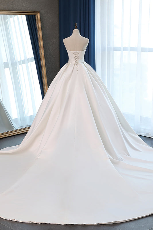 Elegant Sweetheart White Satin Wedding Dress A-line Ruffles Bridal Gowns On Sale