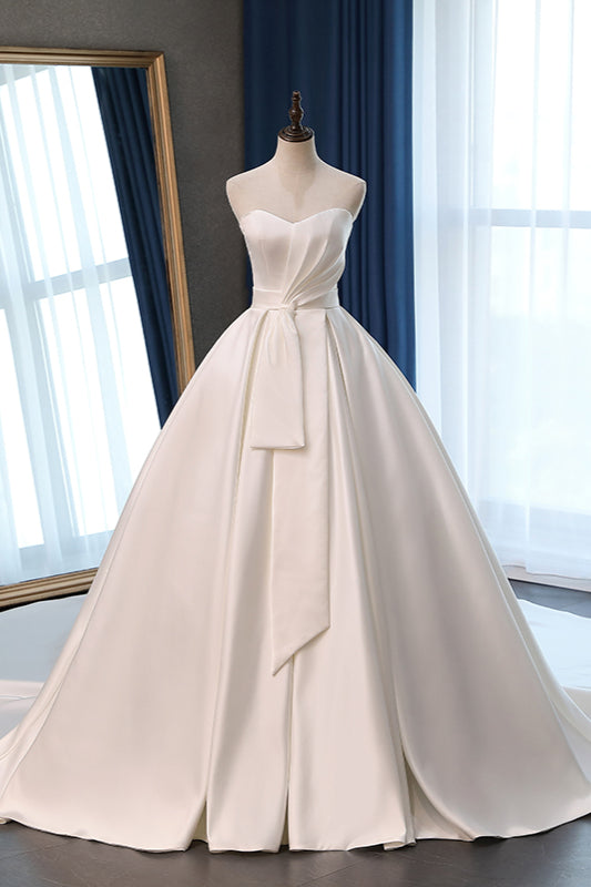 Elegant Sweetheart White Satin Wedding Dress A-line Ruffles Bridal Gowns On Sale