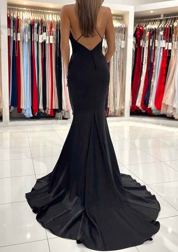 Elegant Trumpet/Mermaid V-Neck Satin Prom Dress/Evening Dress with Sweep Train