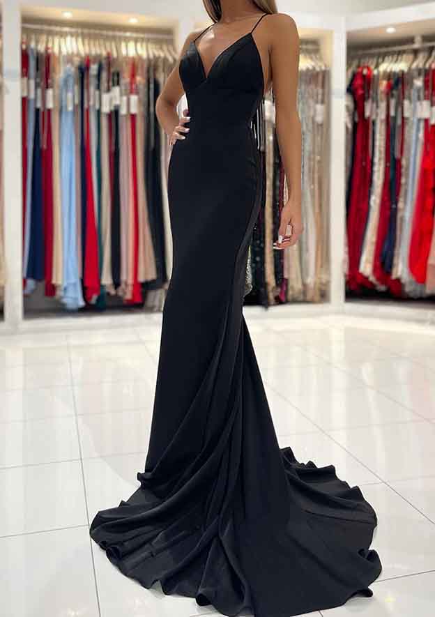 Elegant Trumpet/Mermaid V-Neck Satin Prom Dress/Evening Dress with Sweep Train