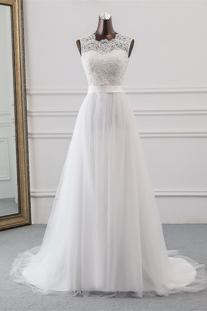 Elegant Tullace Jewel Sleeveless White Wedding Dresses with Appliques Online