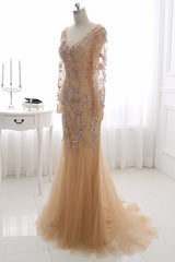 Elegant Tulle Appliques Mermaid Prom Dresses V-Neck Sleeveless Rhinestones Party Dresses On Sale