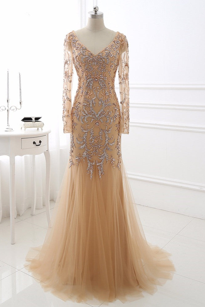 Elegant Tulle Appliques Mermaid Prom Dresses V-Neck Sleeveless Rhinestones Party Dresses On Sale