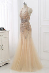 Elegant Tulle Halter Rhinestones Mermaid Prom Dresses Sleeveless Appliques Online