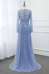 Elegant Tulle Jewel Rhinestones Prom Dresses with Long Sleeves